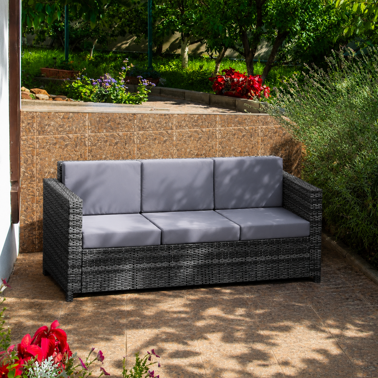 3 Seater All Weather Outdoor Sofa, Garden Rattan Sofa with Cushions and Mental Frame, Grey