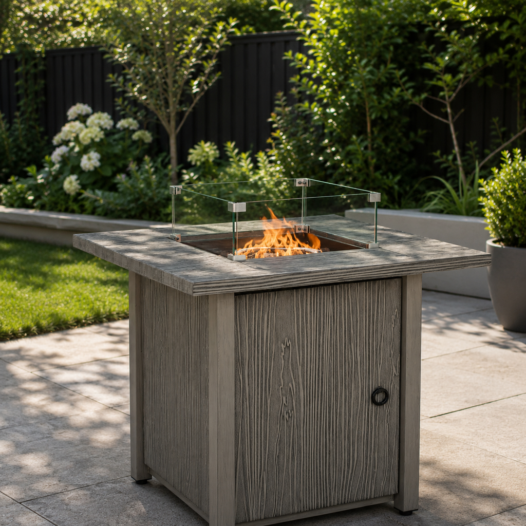 71cm 50,000 BTU Gas Fire Pit Table with Cover and Glass Screen - Grey