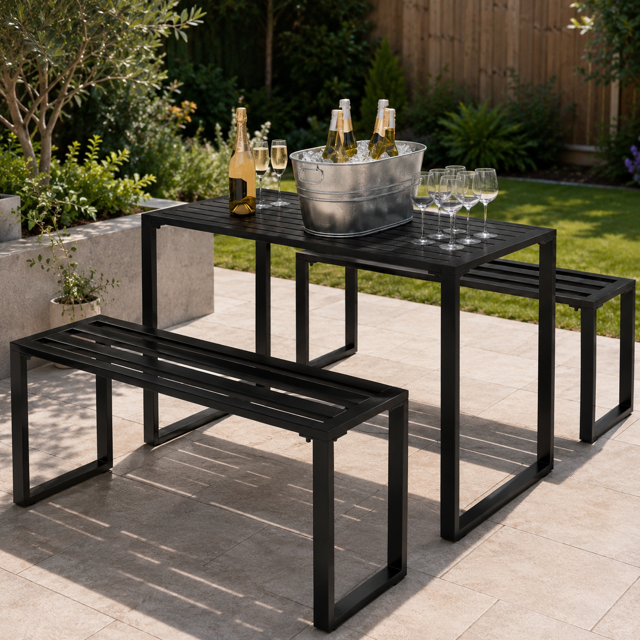 3 Pieces Picnic Bench Set with Table and 2 Benches, Slated Design Dining Trestle Beer Table and Seat, Black