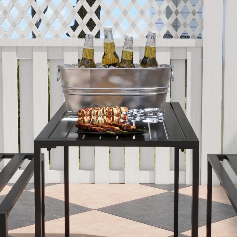 3 Pieces Picnic Bench Set with Table and 2 Benches, Slated Design Dining Trestle Beer Table and Seat, Black