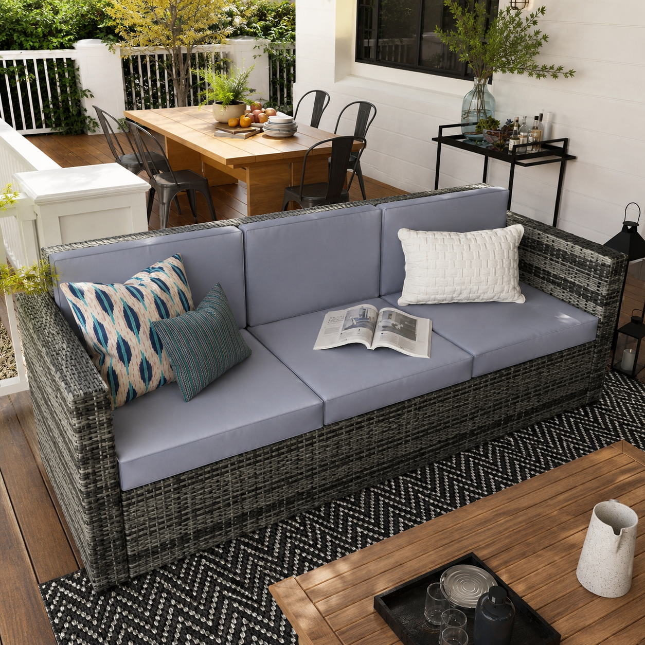 3 Seater All Weather Outdoor Sofa, Garden Rattan Sofa with Cushions and Mental Frame, Grey