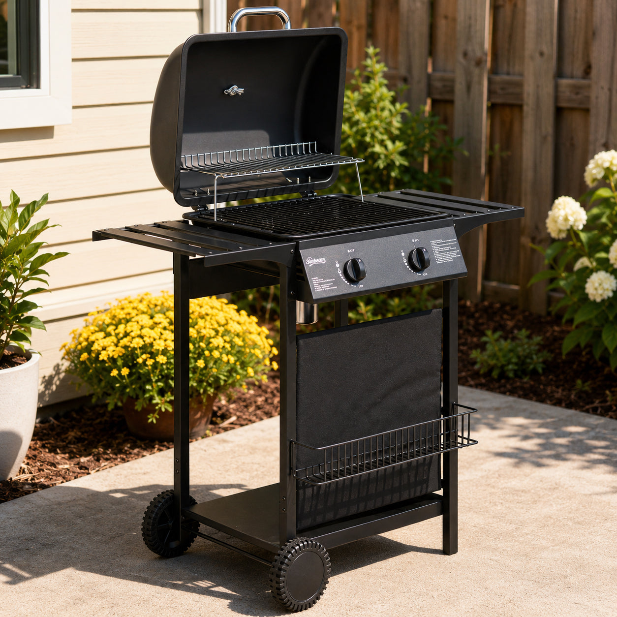 Gas Burner Barbecue Grill, 2 Burner Gas Grill with Side Tables, Warming Rack, Shelf, Thermometer, Grease Tray, Black