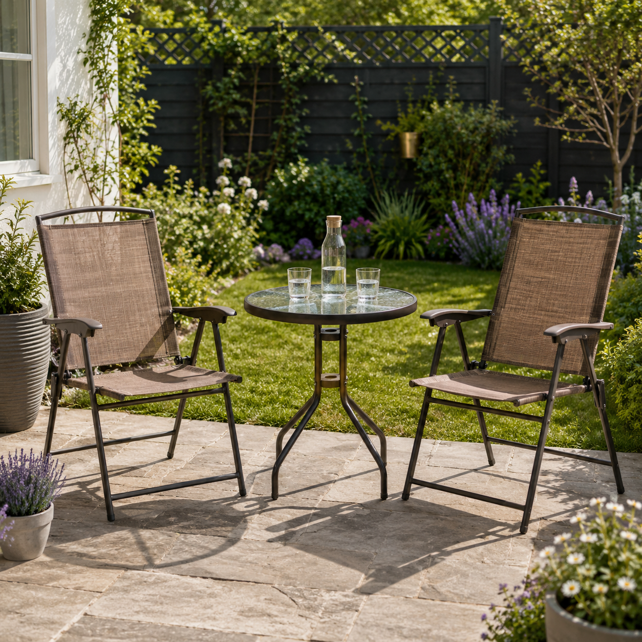 3 Piece Outdoor Bistro Set, Patio Conversation Furniture Set with 2 Folding Backrest Adjustable Armchairs and Glass Top Coffee Table, Brown