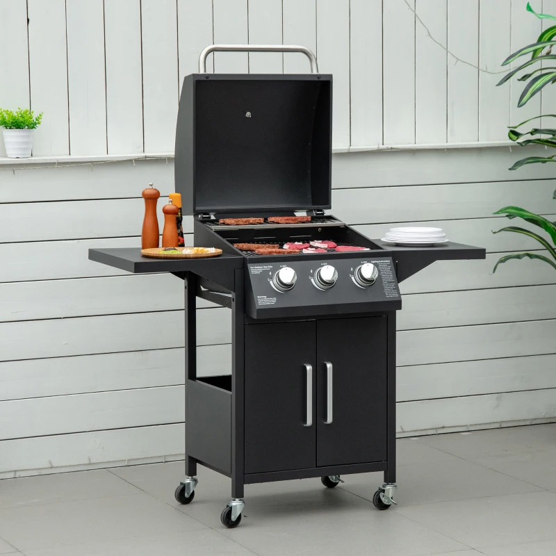 3 Burner Gas BBQ Grill Outdoor Portable Barbecue Trolley w/ Warming Rack, Side Shelves, Storage Cabinet, Thermometer, Carbon Steel, Black