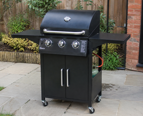 3 Burner Gas BBQ Grill Outdoor Portable Barbecue Trolley w/ Warming Rack, Side Shelves, Storage Cabinet, Thermometer, Carbon Steel, Black