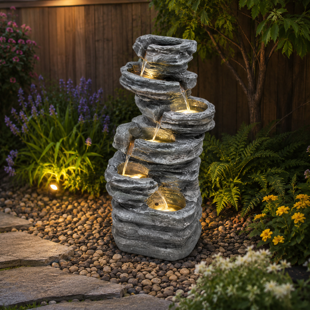 Outdoor Fountain, 6-Tier Cascading Waterfall Feature with LED Lights, Resin Freestanding Garden Fountain, Grey
