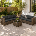 8 Pieces Outdoor PE Rattan Sofa Set with Cushions, Patio Garden Furniture Sets with Glass Top Coffee Table, Storage Corner Table, Mixed Brown