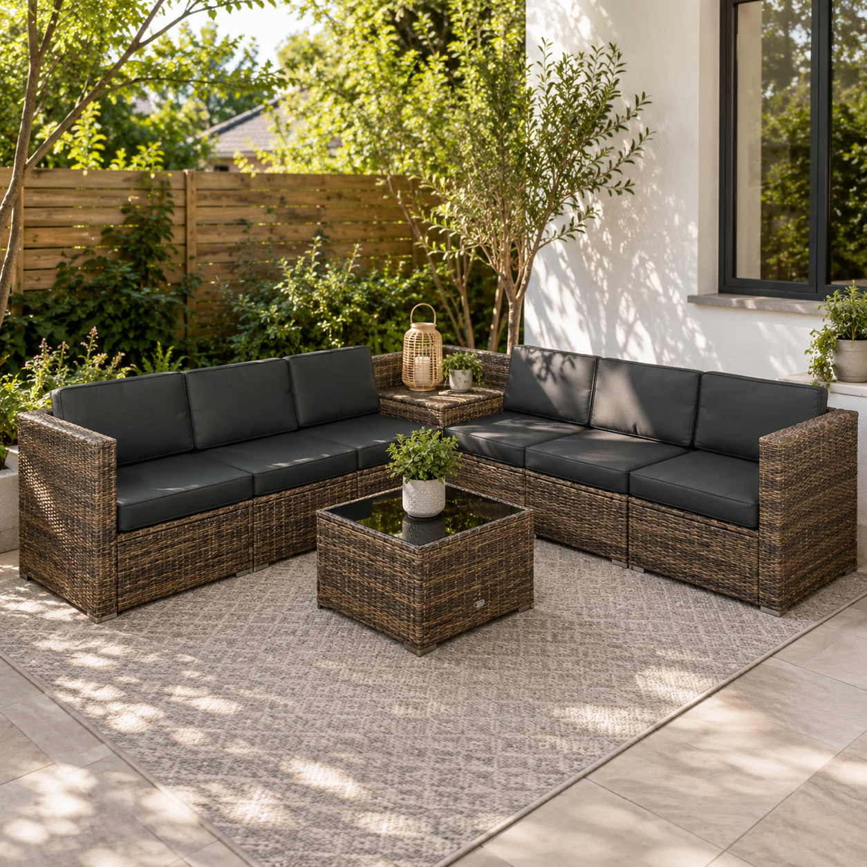 8 Pieces Outdoor PE Rattan Sofa Set with Cushions, Patio Garden Furniture Sets with Glass Top Coffee Table, Storage Corner Table, Mixed Brown