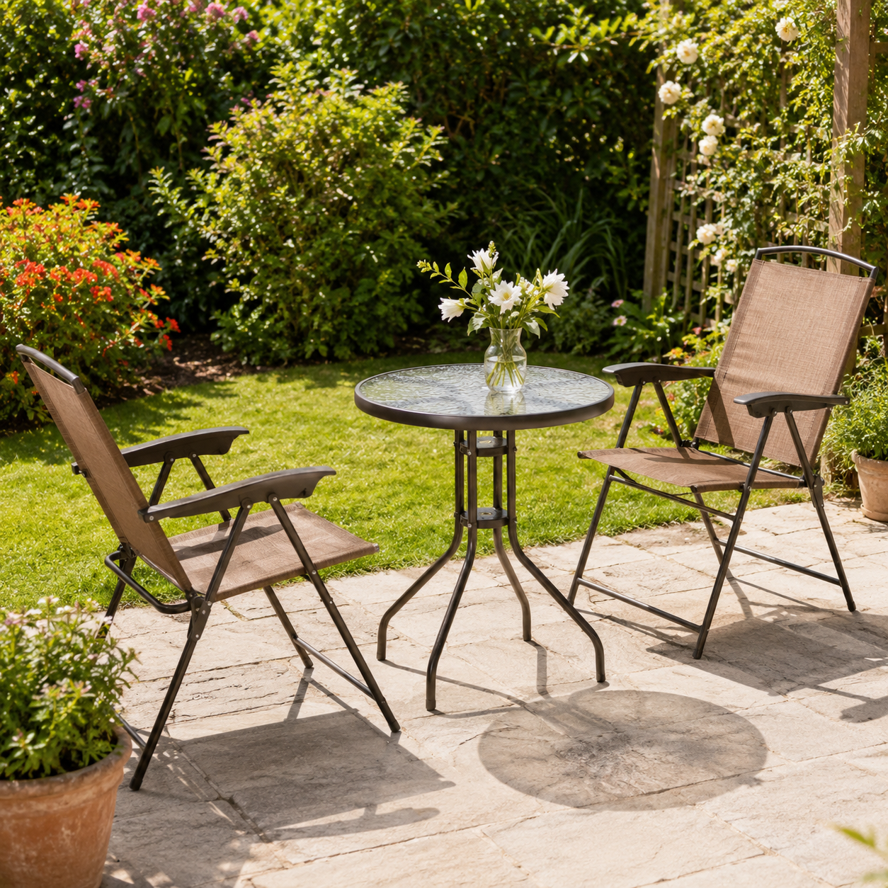 3 Piece Outdoor Bistro Set, Patio Conversation Furniture Set with 2 Folding Backrest Adjustable Armchairs and Glass Top Coffee Table, Brown