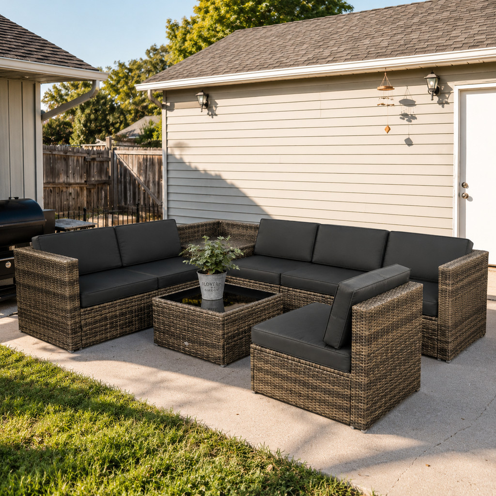 8 Pieces Outdoor PE Rattan Sofa Set with Cushions, Patio Garden Furniture Sets with Glass Top Coffee Table, Storage Corner Table, Mixed Brown