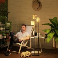 Boho Rattan Floor Lamp, 3-Lights Rattan Lamp with Shelf, Freestanding Solar Garden Light with Auto On/Off Lights, IP44 Waterproof for Porch, Pathway, Terrace, Yellow