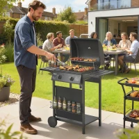 Gas Burner Barbecue Grill, 2 Burner Gas Grill with Side Tables, Warming Rack, Shelf, Thermometer, Grease Tray, Black